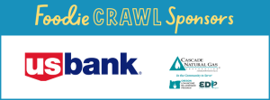 Banner reading Foodie CRAWL Sponsors with large logos for US Bank, Cascade Natural Gas, and Oregon Low-Income Bill Assistance Program. Join the 2026 Foodie Crawl — A Delicious NeighborImpact Fundraiser in Downtown Bend!.